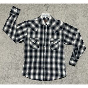 Plains Western Wear Shirt Mens Medium Plaid Pearl Snap Pockets Cowboy Rodeo‎